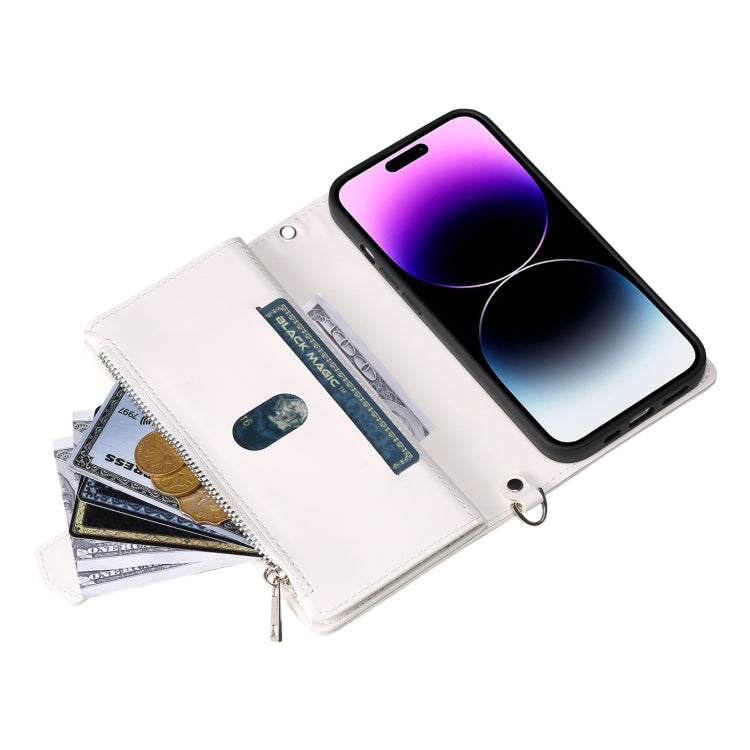 For iPhone 16 Pro Grid Texture Zipper Leather Phone Case with Lanyard