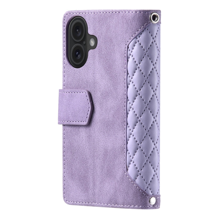 For iPhone 16 Plus Grid Texture Zipper Leather Phone Case with Lanyard