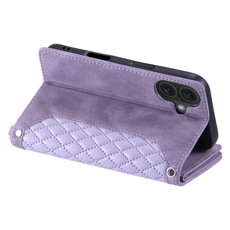 For iPhone 16 Plus Grid Texture Zipper Leather Phone Case with Lanyard