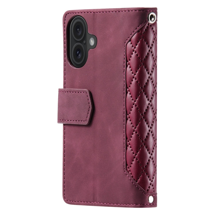 For iPhone 16 Plus Grid Texture Zipper Leather Phone Case with Lanyard