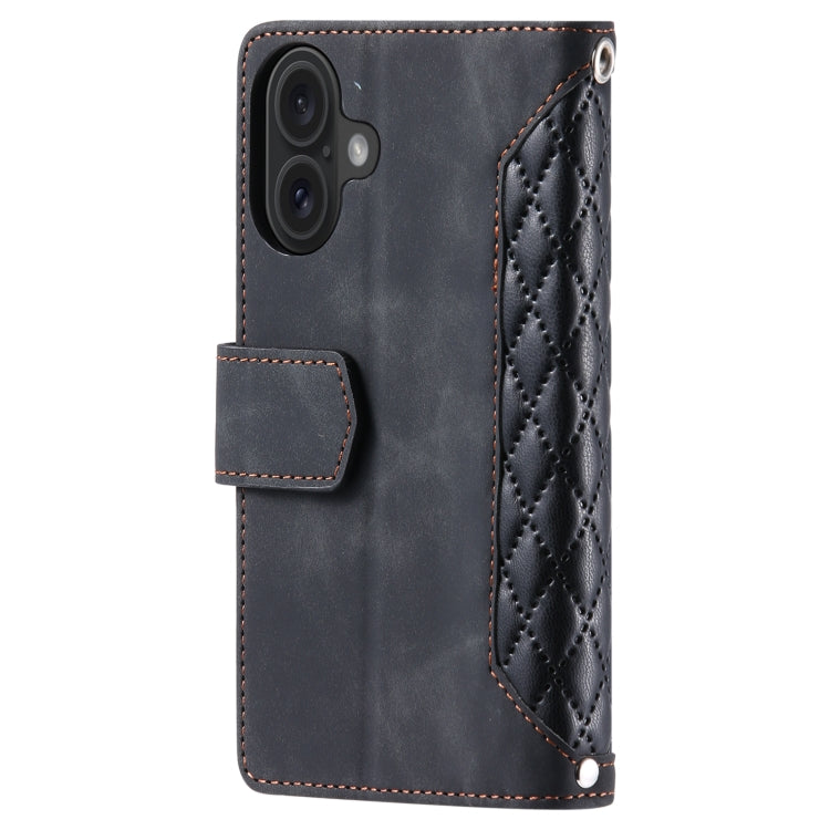 For iPhone 16 Plus Grid Texture Zipper Leather Phone Case with Lanyard