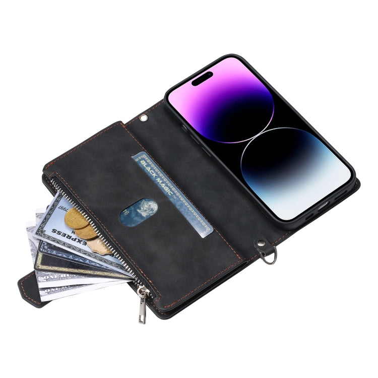 For iPhone 16 Plus Grid Texture Zipper Leather Phone Case with Lanyard