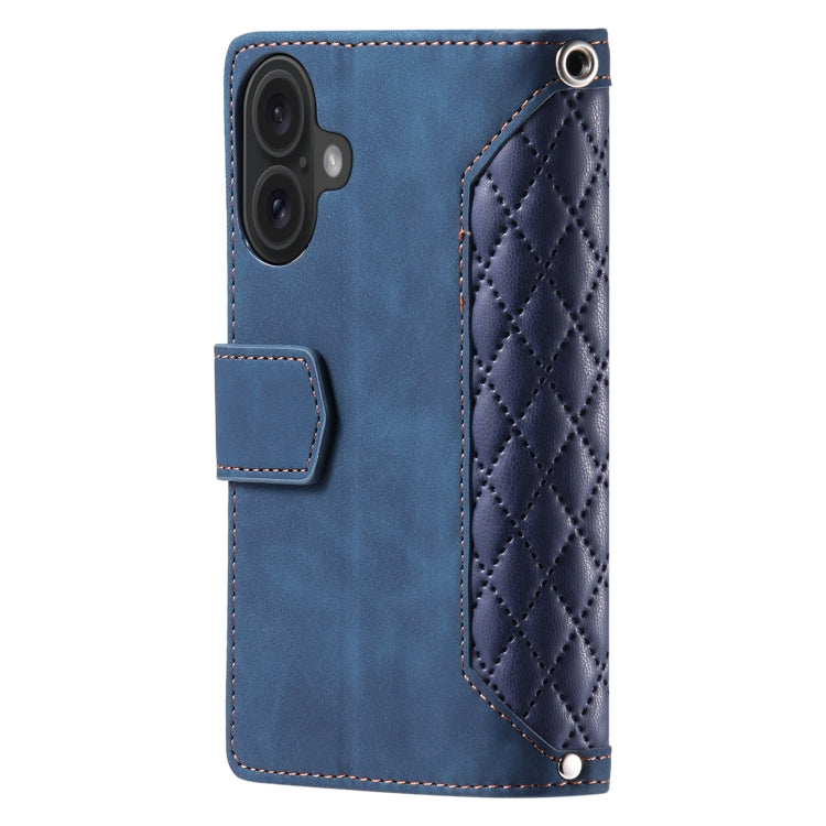 For iPhone 16 Grid Texture Zipper Leather Phone Case with Lanyard