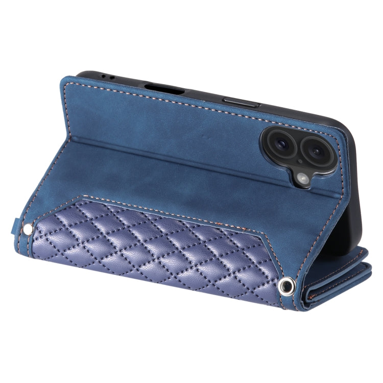 For iPhone 16 Grid Texture Zipper Leather Phone Case with Lanyard