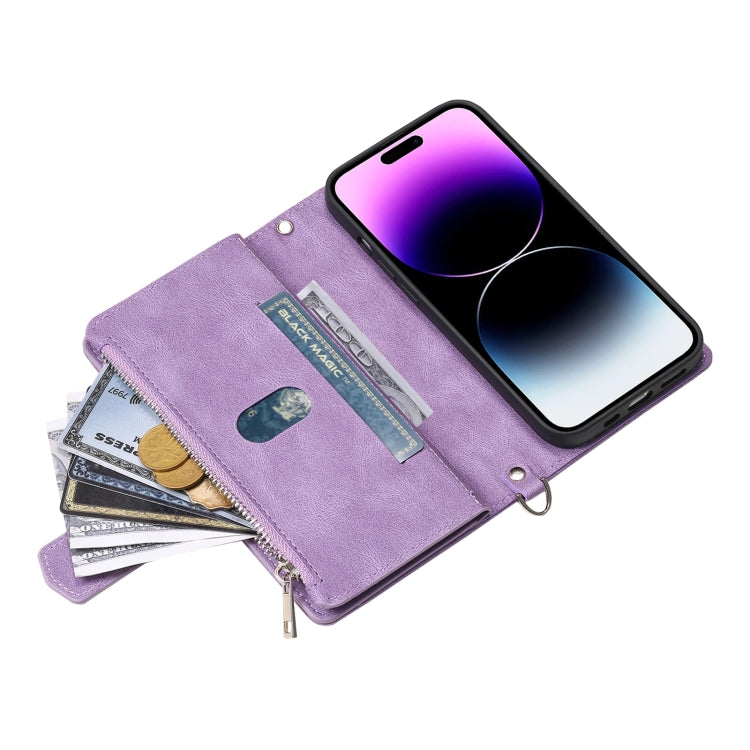 For iPhone 16 Grid Texture Zipper Leather Phone Case with Lanyard
