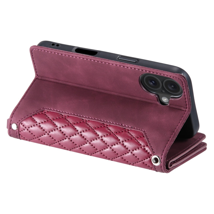 For iPhone 16 Grid Texture Zipper Leather Phone Case with Lanyard