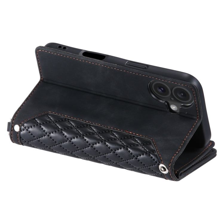 For iPhone 16 Grid Texture Zipper Leather Phone Case with Lanyard