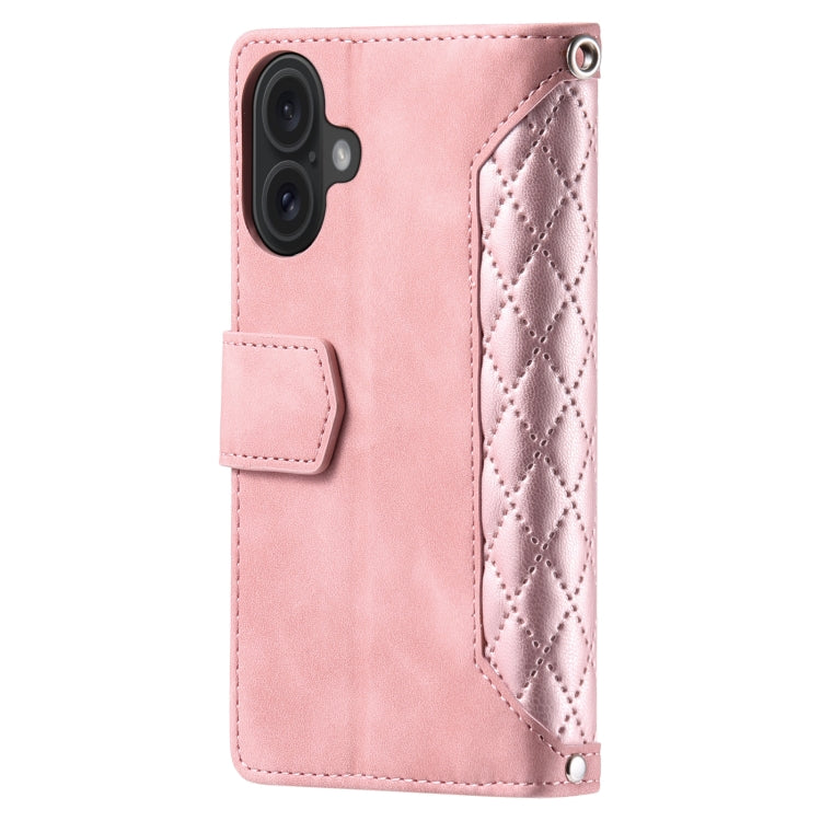 For iPhone 16 Grid Texture Zipper Leather Phone Case with Lanyard