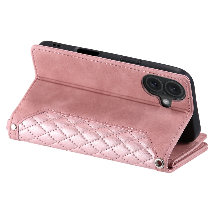 For iPhone 16 Grid Texture Zipper Leather Phone Case with Lanyard