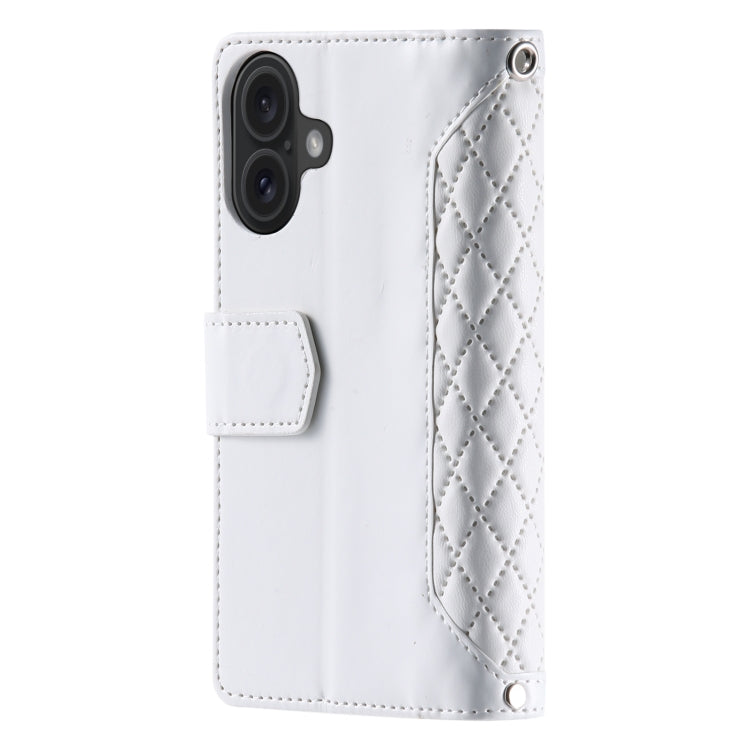 For iPhone 16 Grid Texture Zipper Leather Phone Case with Lanyard