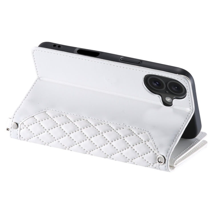 For iPhone 16 Grid Texture Zipper Leather Phone Case with Lanyard