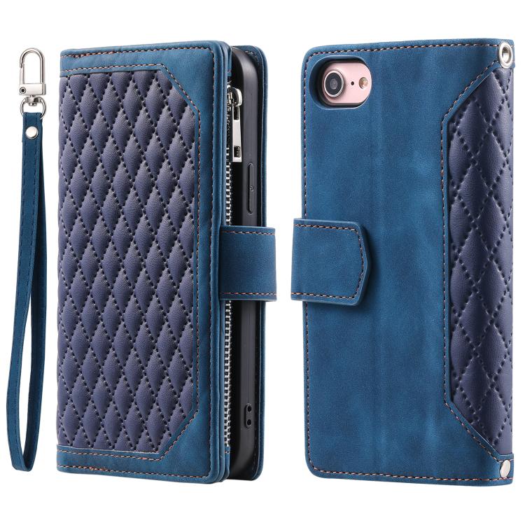For iPhone 16e / 17e Grid Texture Zipper Leather Phone Case with Lanyard