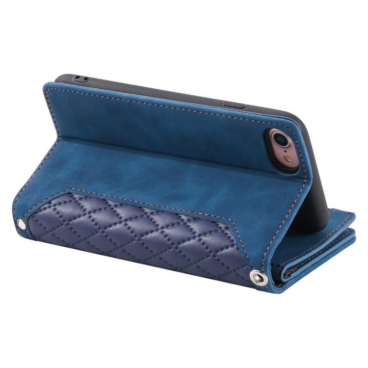 For iPhone 16e / 17e Grid Texture Zipper Leather Phone Case with Lanyard