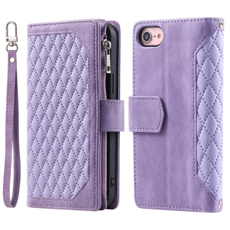 For iPhone 16e / 17e Grid Texture Zipper Leather Phone Case with Lanyard