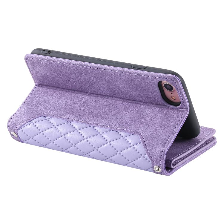 For iPhone 16e / 17e Grid Texture Zipper Leather Phone Case with Lanyard