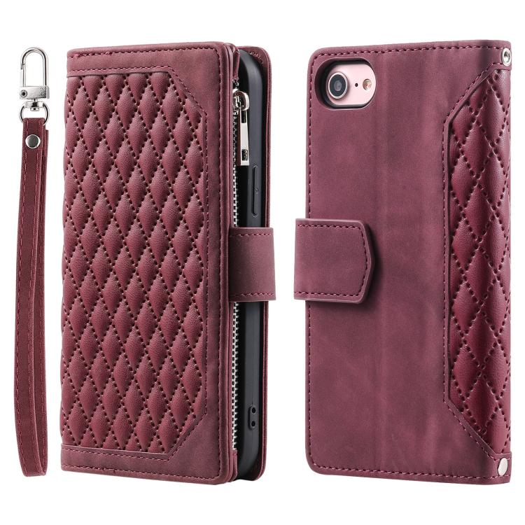 For iPhone 16e / 17e Grid Texture Zipper Leather Phone Case with Lanyard