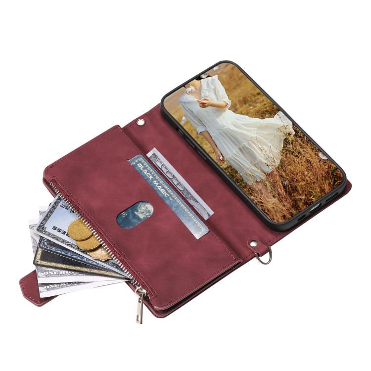 For iPhone 16e / 17e Grid Texture Zipper Leather Phone Case with Lanyard