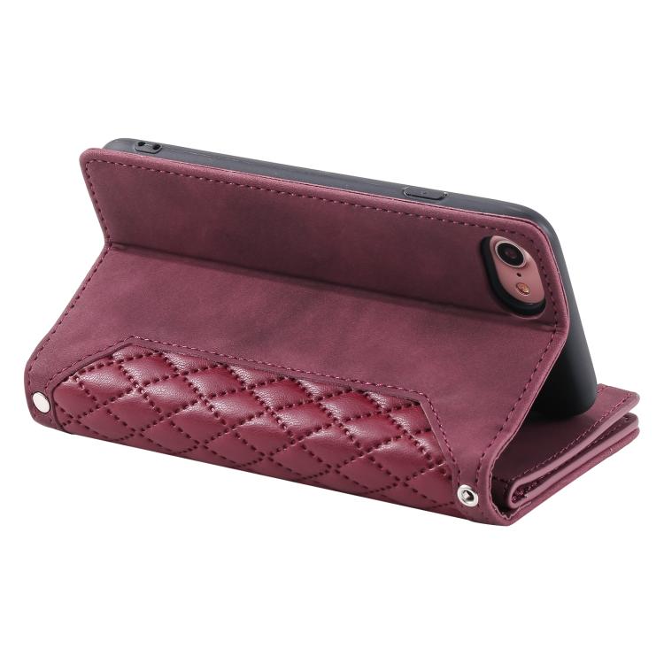 For iPhone 16e / 17e Grid Texture Zipper Leather Phone Case with Lanyard