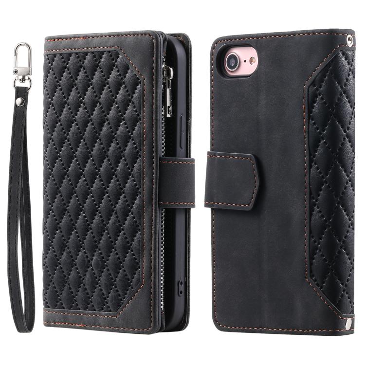 For iPhone 16e / 17e Grid Texture Zipper Leather Phone Case with Lanyard