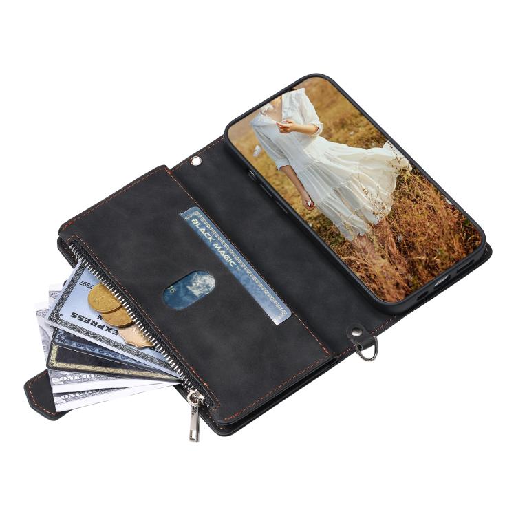 For iPhone 16e / 17e Grid Texture Zipper Leather Phone Case with Lanyard