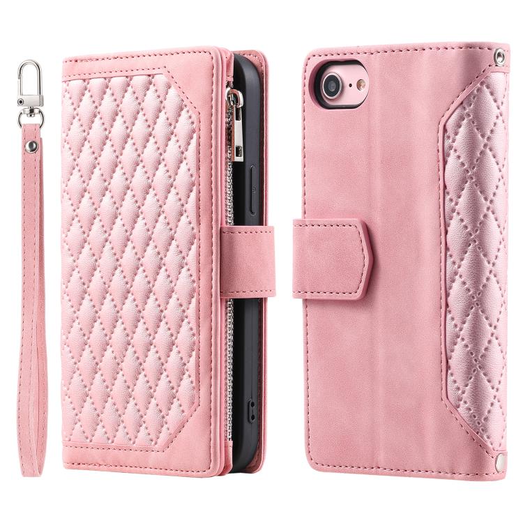 For iPhone 16e / 17e Grid Texture Zipper Leather Phone Case with Lanyard