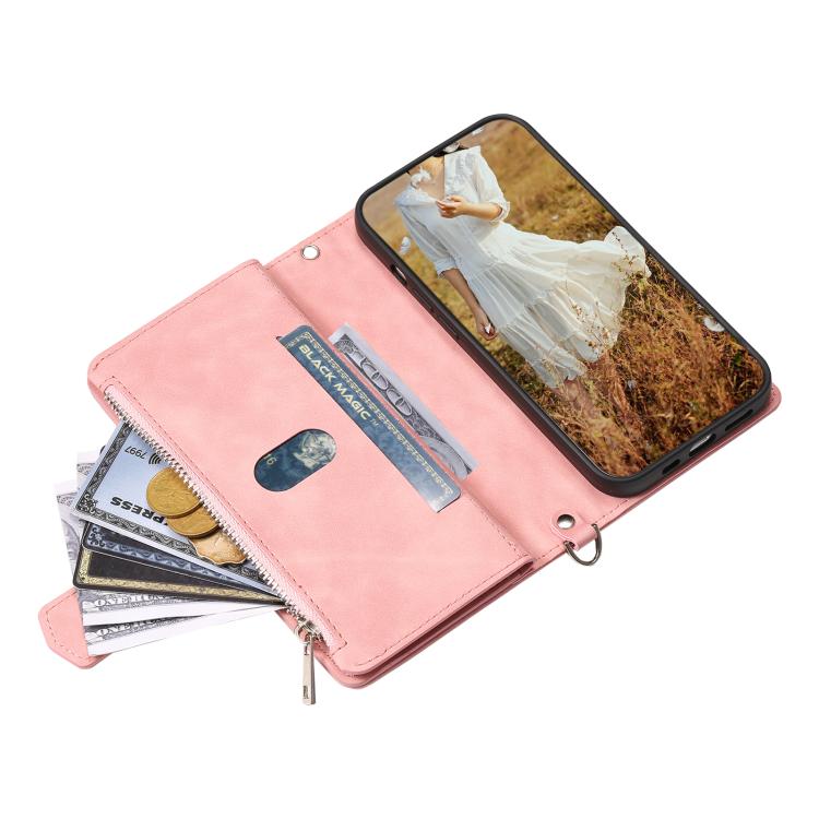 For iPhone 16e / 17e Grid Texture Zipper Leather Phone Case with Lanyard