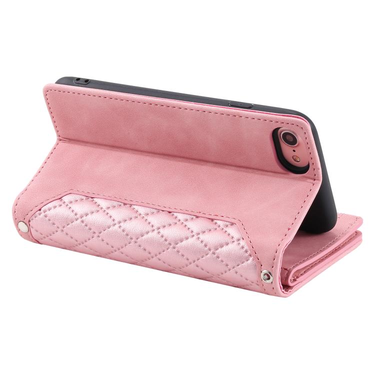 For iPhone 16e / 17e Grid Texture Zipper Leather Phone Case with Lanyard