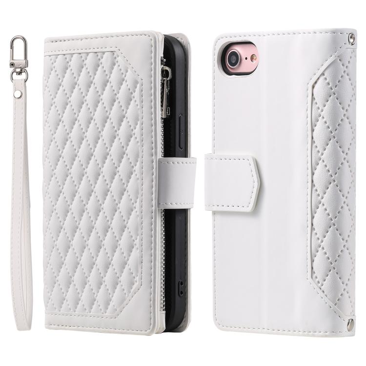For iPhone 16e / 17e Grid Texture Zipper Leather Phone Case with Lanyard