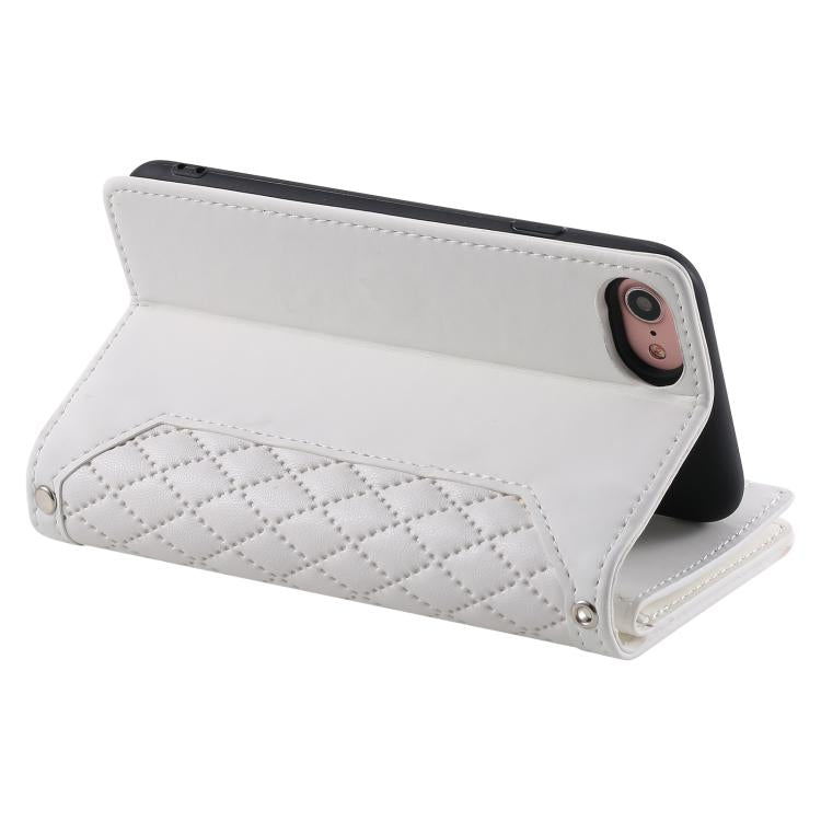 For iPhone 16e / 17e Grid Texture Zipper Leather Phone Case with Lanyard