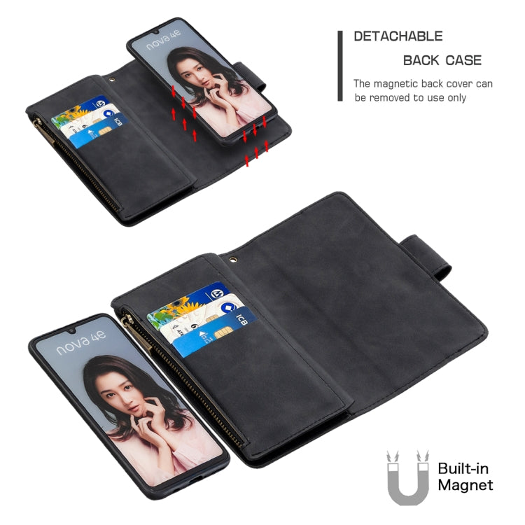 For Huawei P30 Lite / nova 4e Skin Feel Detachable Magnetic Zipper Horizontal Flip PU Leather Case with Holder & Card Slots & Wallet & Photo Frame & Lanyard