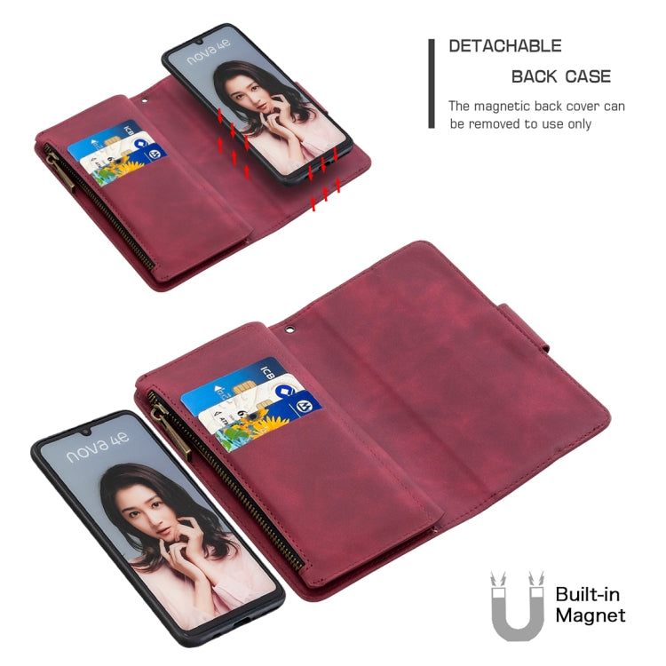 For Huawei P30 Lite / nova 4e Skin Feel Detachable Magnetic Zipper Horizontal Flip PU Leather Case with Holder & Card Slots & Wallet & Photo Frame & Lanyard