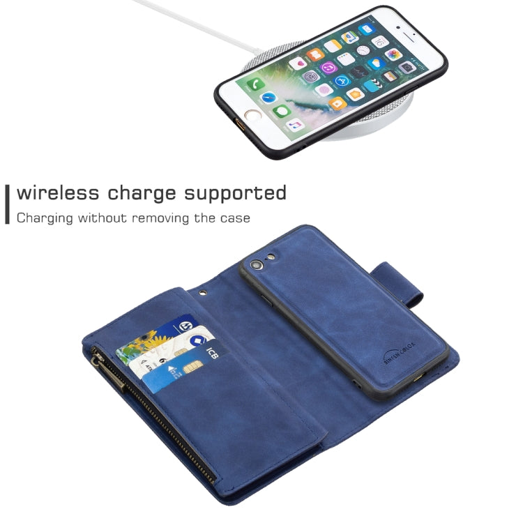 For iPhone SE 2022 / SE 2020 / 8 / 7 Skin Feel Detachable Magnetic Zipper Horizontal Flip PU Leather Case with Multi-Card Slots & Holder & Wallet & Photo Frame & Lanyard