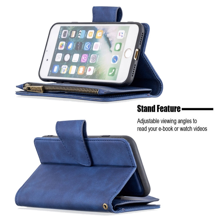For iPhone SE 2022 / SE 2020 / 8 / 7 Skin Feel Detachable Magnetic Zipper Horizontal Flip PU Leather Case with Multi-Card Slots & Holder & Wallet & Photo Frame & Lanyard