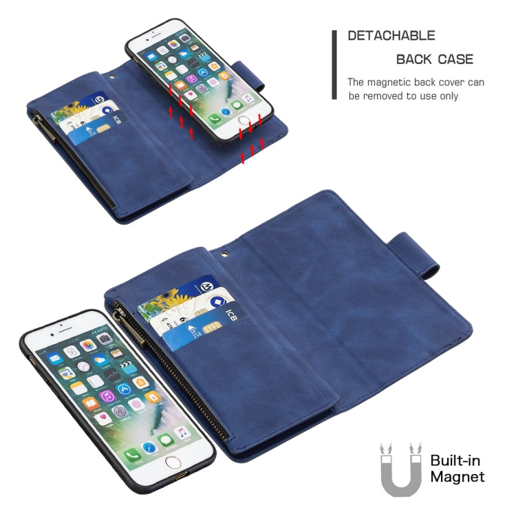 For iPhone SE 2022 / SE 2020 / 8 / 7 Skin Feel Detachable Magnetic Zipper Horizontal Flip PU Leather Case with Multi-Card Slots & Holder & Wallet & Photo Frame & Lanyard