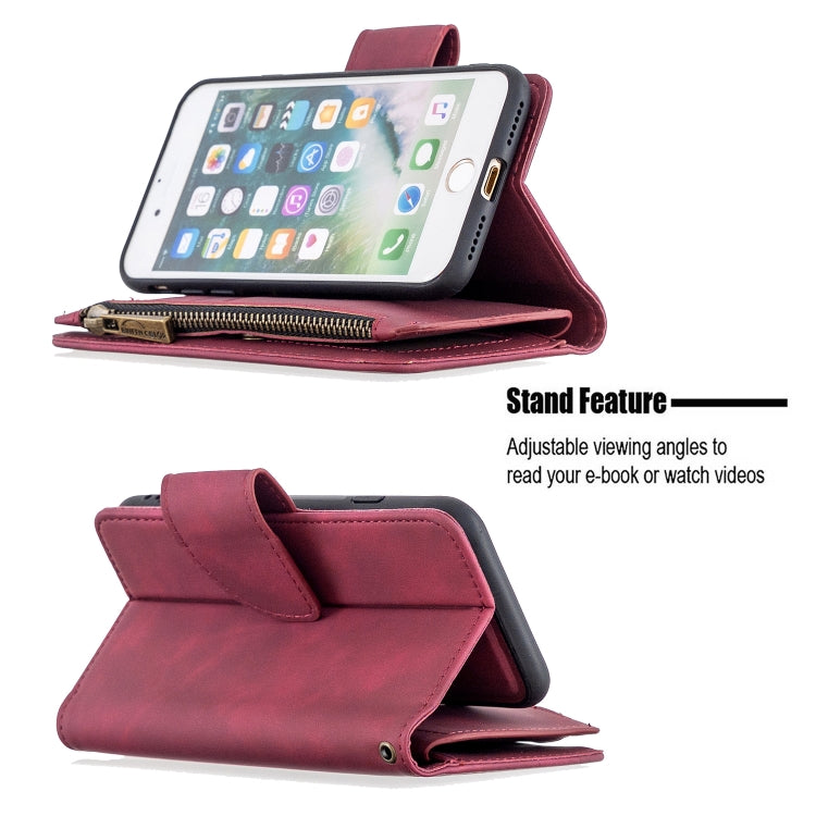 For iPhone SE 2022 / SE 2020 / 8 / 7 Skin Feel Detachable Magnetic Zipper Horizontal Flip PU Leather Case with Multi-Card Slots & Holder & Wallet & Photo Frame & Lanyard