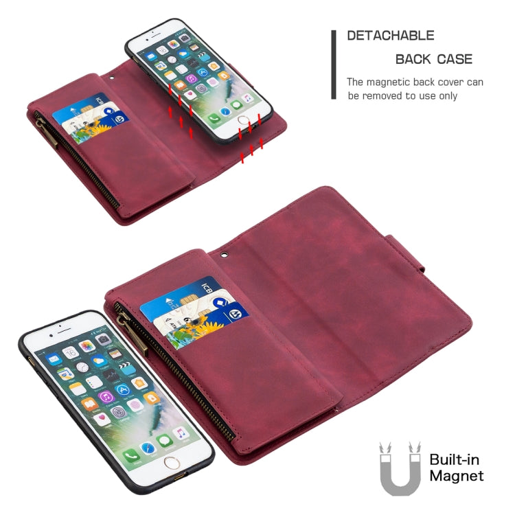 For iPhone SE 2022 / SE 2020 / 8 / 7 Skin Feel Detachable Magnetic Zipper Horizontal Flip PU Leather Case with Multi-Card Slots & Holder & Wallet & Photo Frame & Lanyard