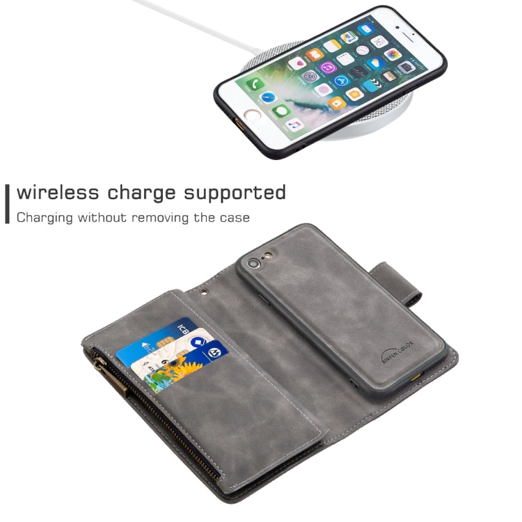 For iPhone SE 2022 / SE 2020 / 8 / 7 Skin Feel Detachable Magnetic Zipper Horizontal Flip PU Leather Case with Multi-Card Slots & Holder & Wallet & Photo Frame & Lanyard