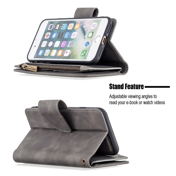 For iPhone SE 2022 / SE 2020 / 8 / 7 Skin Feel Detachable Magnetic Zipper Horizontal Flip PU Leather Case with Multi-Card Slots & Holder & Wallet & Photo Frame & Lanyard