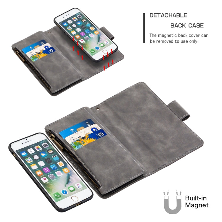 For iPhone SE 2022 / SE 2020 / 8 / 7 Skin Feel Detachable Magnetic Zipper Horizontal Flip PU Leather Case with Multi-Card Slots & Holder & Wallet & Photo Frame & Lanyard