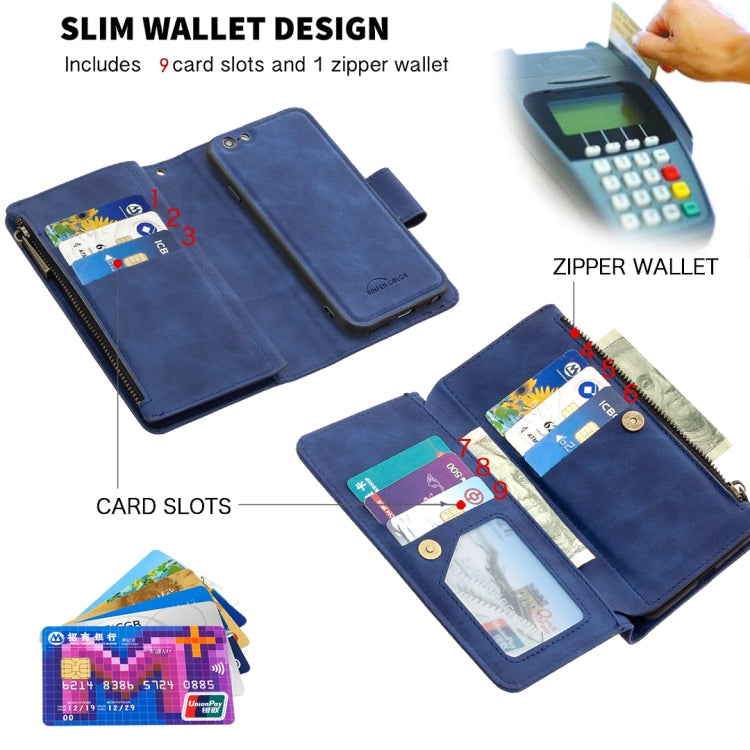 For iPhone 6 Skin Feel Detachable Magnetic Zipper Horizontal Flip PU Leather Case with Multi-Card Slots & Holder & Wallet & Photo Frame & Lanyard