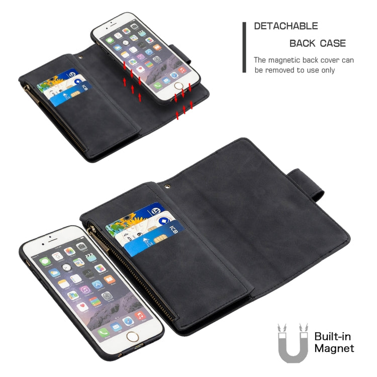 For iPhone 6 Skin Feel Detachable Magnetic Zipper Horizontal Flip PU Leather Case with Multi-Card Slots & Holder & Wallet & Photo Frame & Lanyard