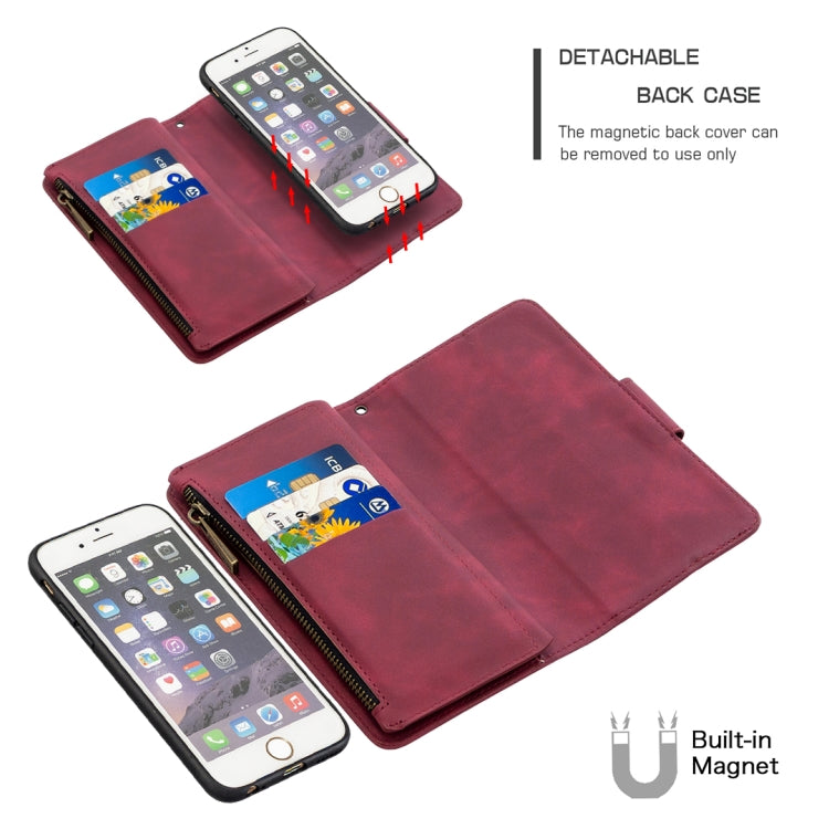 For iPhone 6 Skin Feel Detachable Magnetic Zipper Horizontal Flip PU Leather Case with Multi-Card Slots & Holder & Wallet & Photo Frame & Lanyard