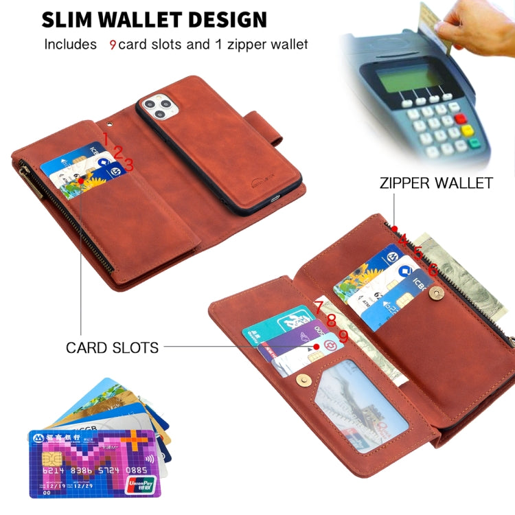 For iPhone 11 Pro Max Skin Feel Detachable Magnetic Zipper Horizontal Flip PU Leather Case with Multi-Card Slots & Holder & Wallet & Photo Frame & Lanyard