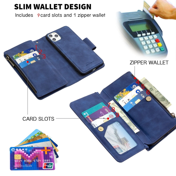 For iPhone 11 Pro Max Skin Feel Detachable Magnetic Zipper Horizontal Flip PU Leather Case with Multi-Card Slots & Holder & Wallet & Photo Frame & Lanyard