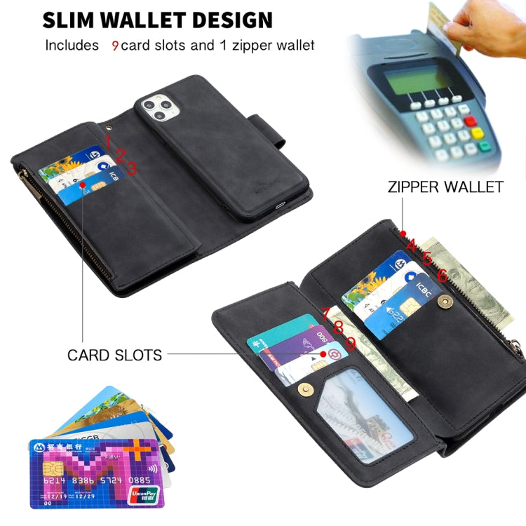 For iPhone 11 Pro Max Skin Feel Detachable Magnetic Zipper Horizontal Flip PU Leather Case with Multi-Card Slots & Holder & Wallet & Photo Frame & Lanyard