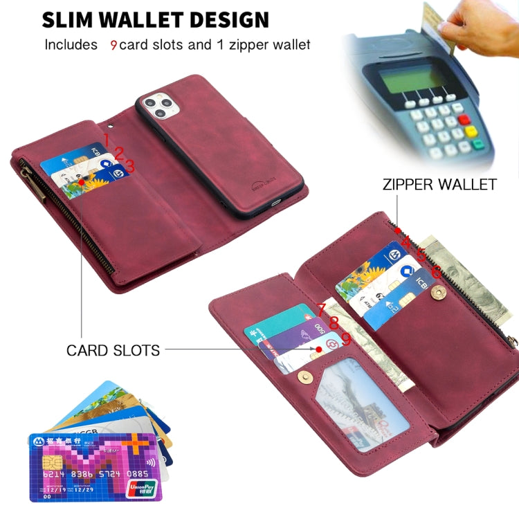 For iPhone 11 Pro Max Skin Feel Detachable Magnetic Zipper Horizontal Flip PU Leather Case with Multi-Card Slots & Holder & Wallet & Photo Frame & Lanyard