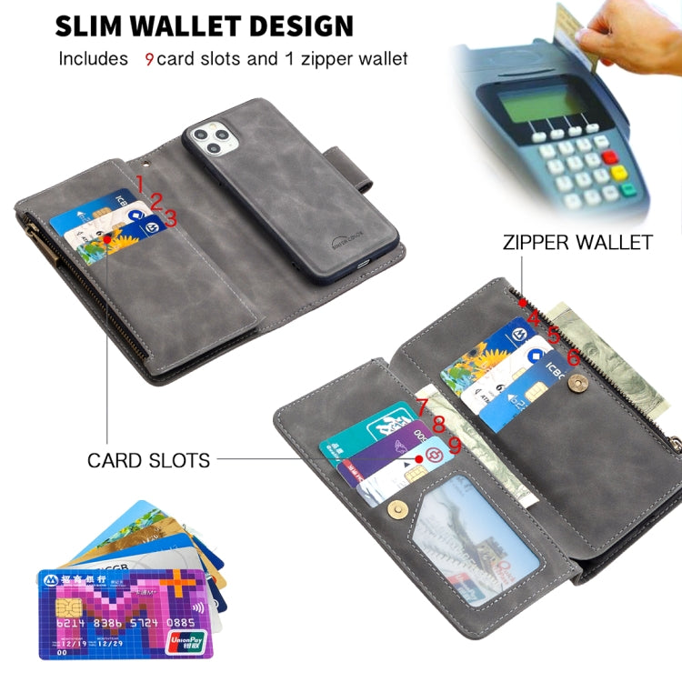 For iPhone 11 Pro Max Skin Feel Detachable Magnetic Zipper Horizontal Flip PU Leather Case with Multi-Card Slots & Holder & Wallet & Photo Frame & Lanyard