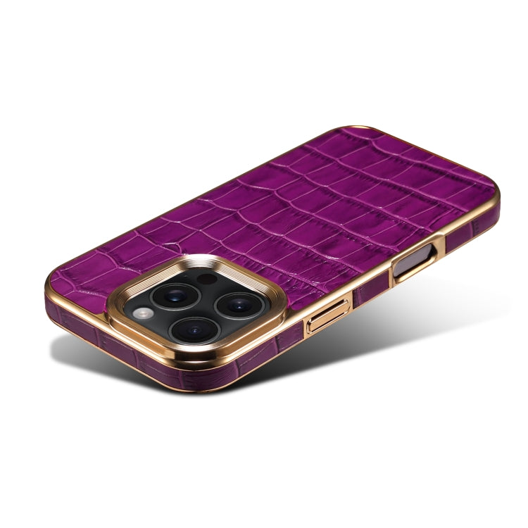 For iPhone 16 Pro Max Denior Crocodile Texture Genuine Leather Electroplating Phone Case