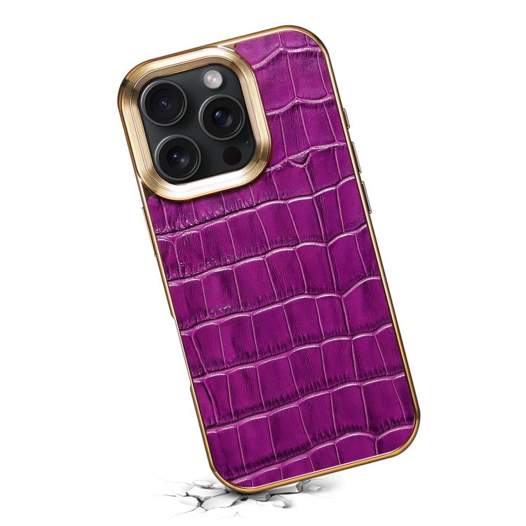 For iPhone 16 Pro Max Denior Crocodile Texture Genuine Leather Electroplating Phone Case