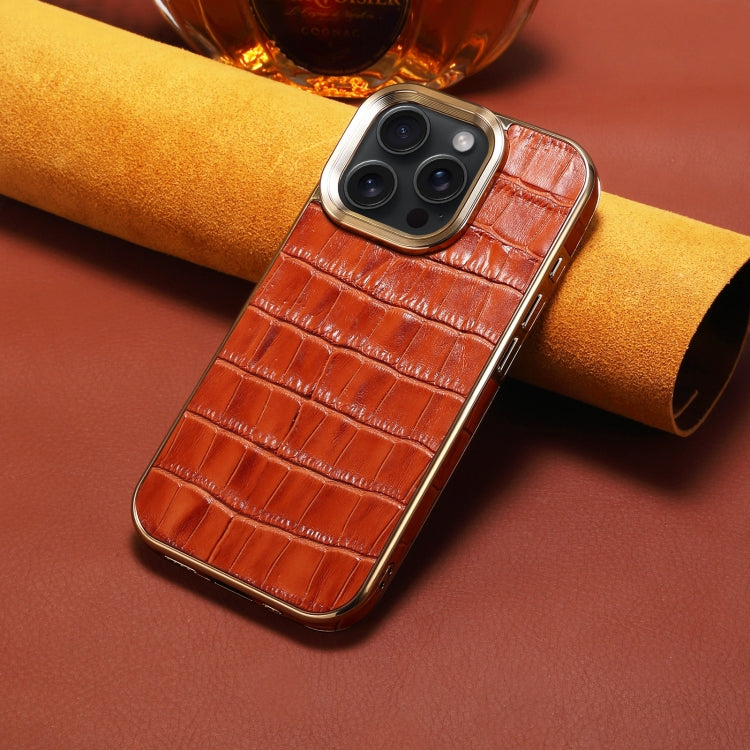 For iPhone 16 Pro Max Denior Crocodile Texture Genuine Leather Electroplating Phone Case
